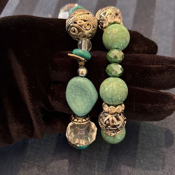 NWT Angelas Designs handmade Turquoise silver crystal & clear beaded bracelets - Picture 6 of 10